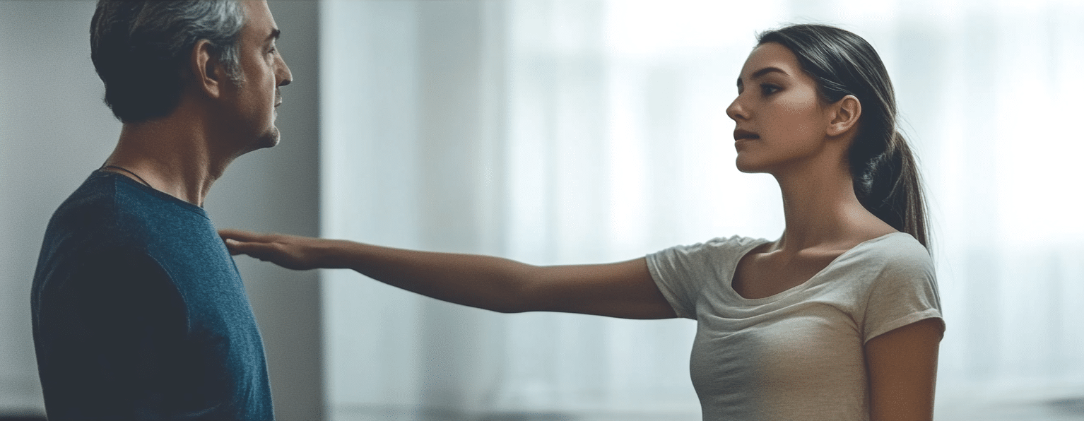 Mujer aparta a hombre con el brazo se la ve incomoda.