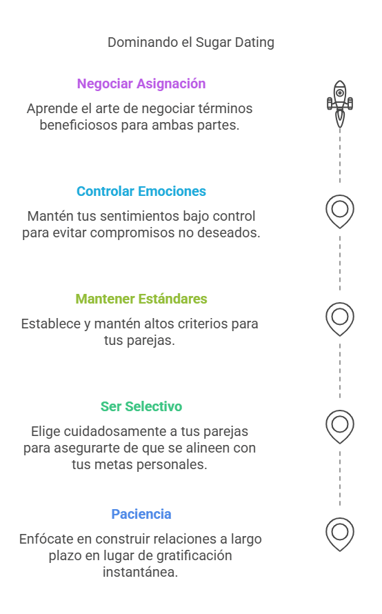Infografia imagen con un pequeño resumen de los consejos que dan las sugar babys para encontrar un sugar daddy: 
Negociar Asignación
Controlar Emociones
Mantener Estándares
Paciencia
