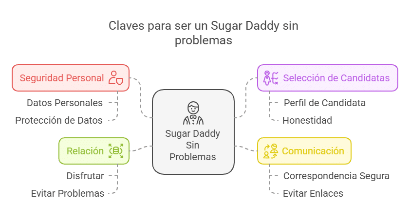 Esquema imágen con las Claves para ser un Sugar Daddy sin problemas: 
Seguridad Personal
Selección de Candidatas
Comunicación
Correspondencia Segura