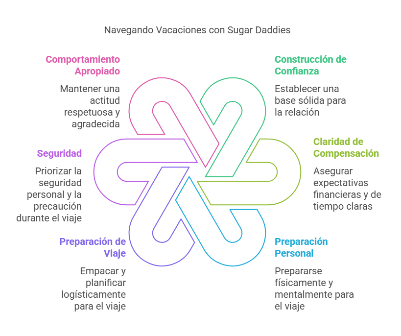 Infografia resumen con la siguiente información: 
 Navegando Vacaciones con Sugar Daddies
Comportamiento Apropiado
Construcción de Confianza
Claridad de Compensación
Seguridad
Preparación de Viaje
Preparación Personal

