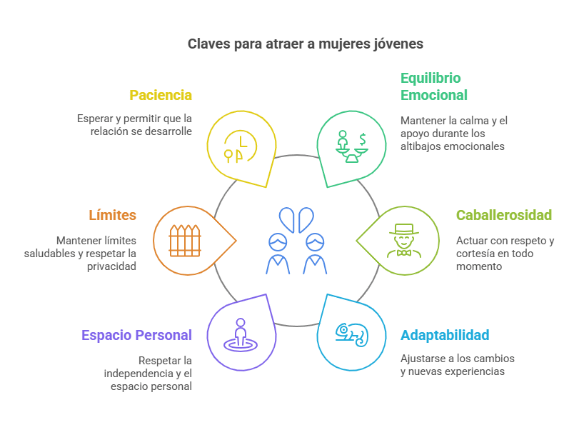 infografia esquema que resume el articulo Claves para atraer a mujeres jóvenes y contiene: 
Equilibrio Emocional
Paciencia
Límites
Caballerosidad
Espacio Personal
Adaptabilidad
