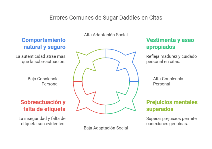 Infografía que contiene los Errores Comunes de Sugar Daddies en Citas:
Comportamiento natural y seguro
Vestimenta y aseo apropiados
Sobreactuación y falta de etiqueta
Prejuicios mentales superados
