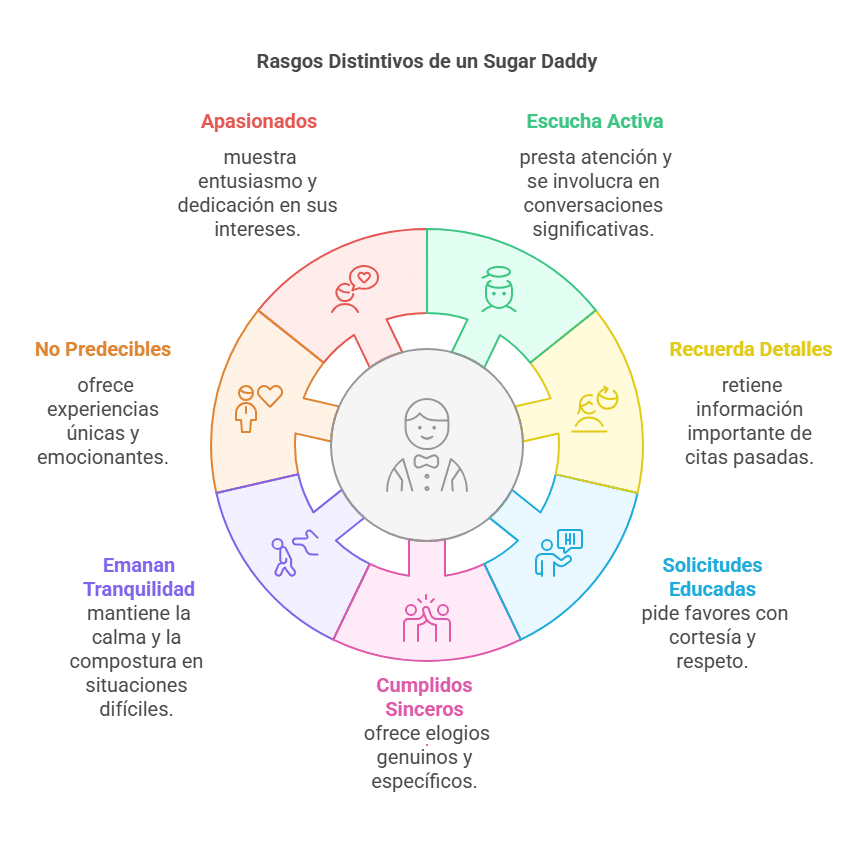Infografia con la siguiente información: Rasgos Distintivos de un Sugar Daddy
Apasionados
Escucha Activa
No Predecibles
Recuerda Detalles
Emanan Tranquilidad
Solicitudes Educadas
ofrece elogios genuinos y específicos.