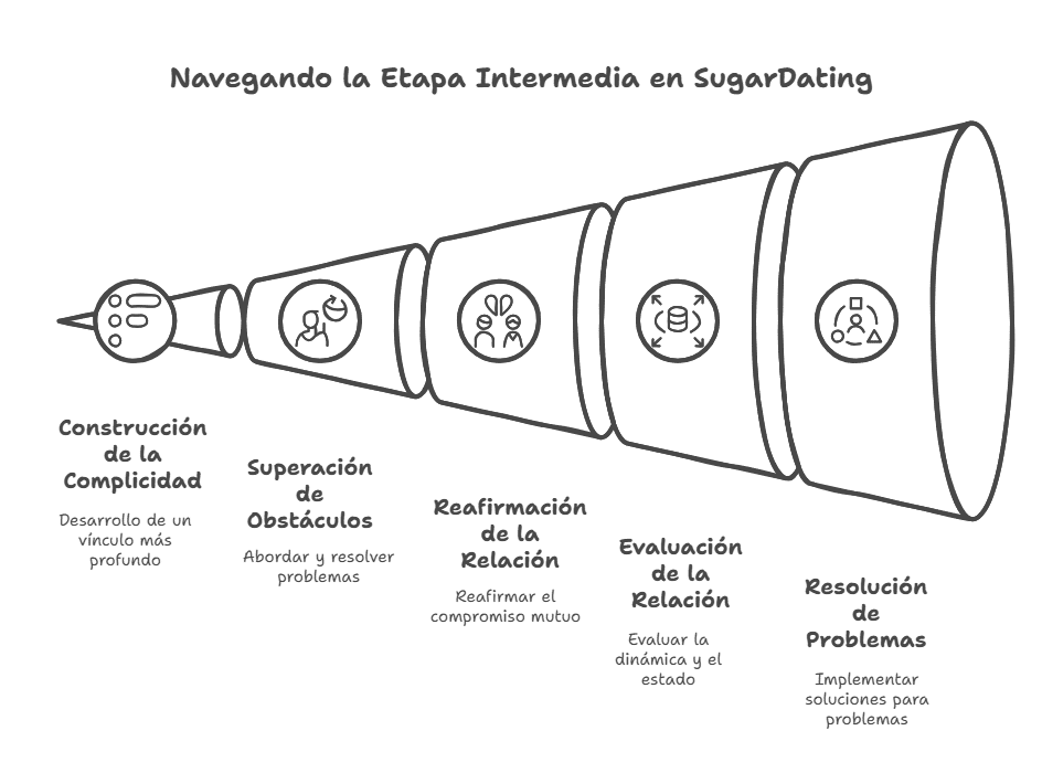 Infografia con la siguiente información: Navegando la Etapa Intermedia en SugarDating
Construcción de la Complicidad
Superación de Obstáculos
Desarrollo de un vínculo más profundo
Reafirmación de la Relación
Abordar y resolver problemas
Evaluación de la Relación
Reafirmar el compromiso mutuo
Resolución de Problemas
Evaluar la dinámica y el estado
Implementar soluciones para problemas