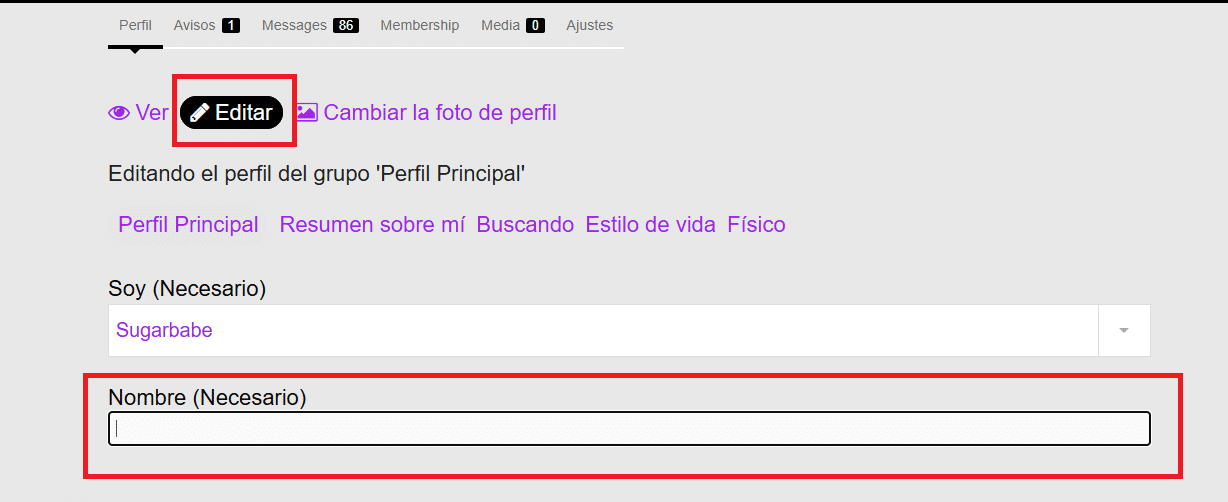 Pantallazo de como se cambia el nombre de usuario en la plataforma