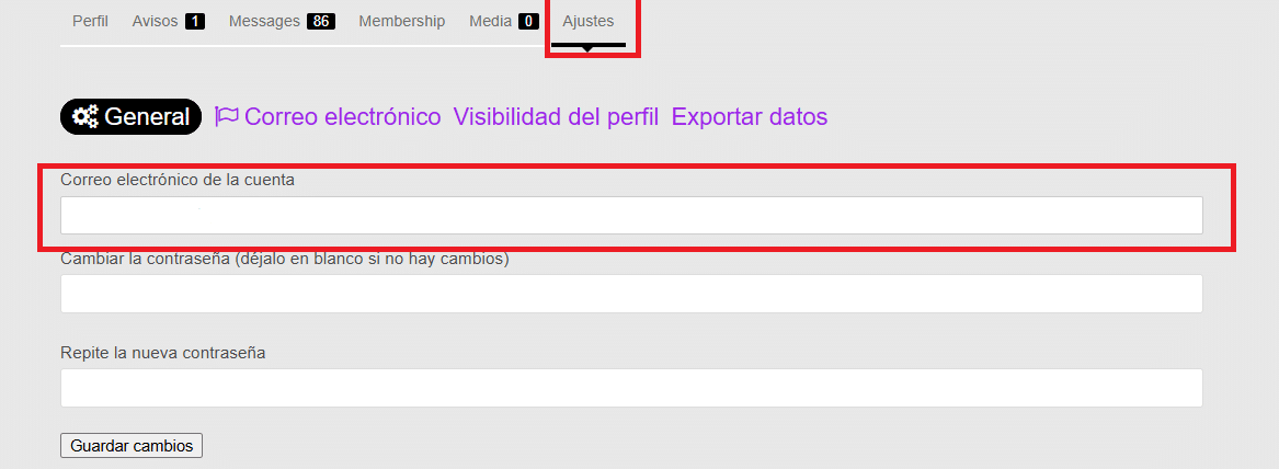 Pantallazo de donde se cambia el correo electrónico en la plataforma