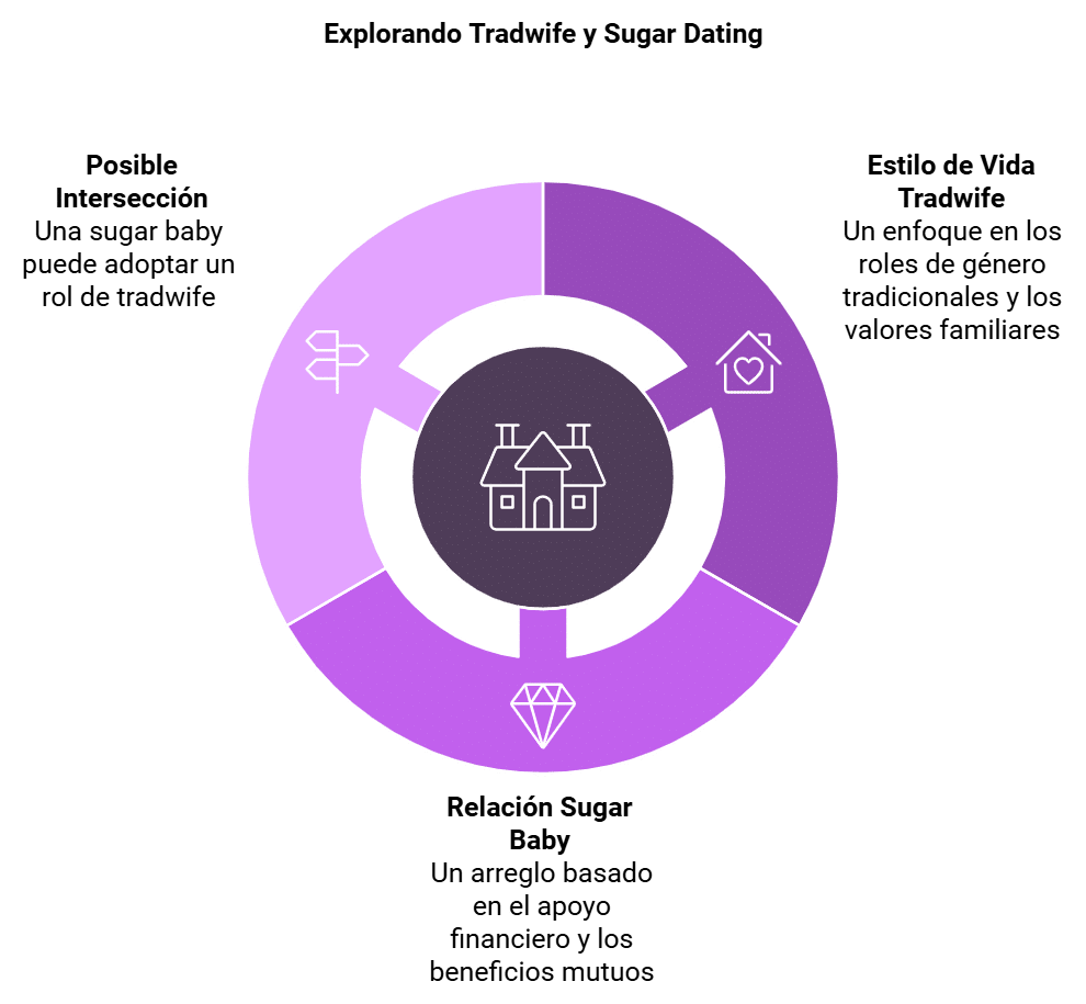 Diagrama titulado "Explorando Tradwife y Sugar Dating", compuesto por un círculo central con un ícono de casa, rodeado por tres secciones en colores morados que representan: "Posible Intersección: Una sugar baby puede adoptar un rol de tradwife" (izquierda, en naranja), "Estilo de Vida Tradwife: Un enfoque en los roles de género tradicionales y los valores familiares" (derecha, en verde), y "Relación Sugar Baby: Un arreglo basado en el apoyo financiero y los beneficios mutuos" (abajo, en amarillo).