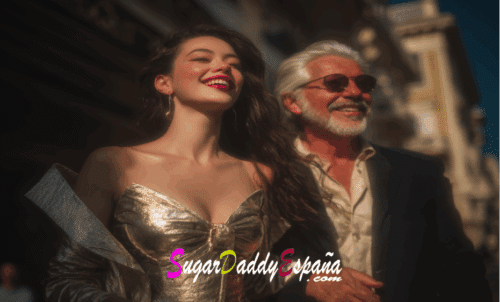 Mujer sugar baby y hombre sugar daddy rien en un aura nublosa como en un sueño parecen muy ilusionados son delulu