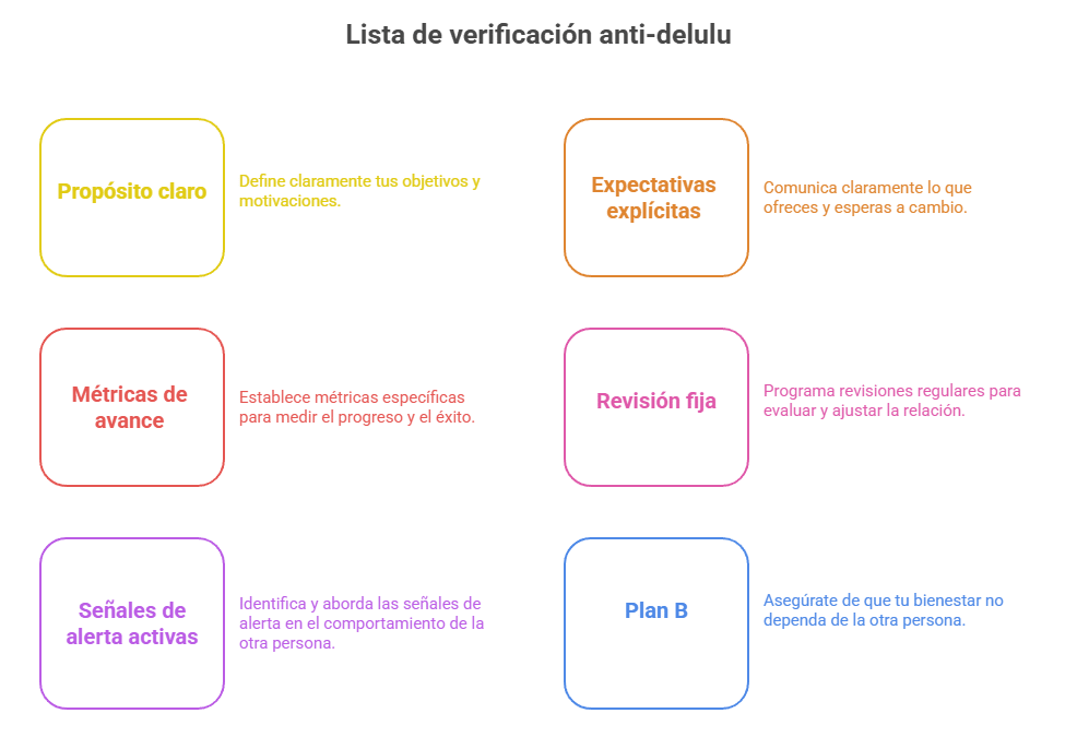 Infografia resumen: Lista de verificación anti-delulu
Propósito claro
Define claramente tus objetivos y motivaciones.
Expectativas explícitas
Comunica claramente lo que ofreces y esperas a cambio.
Métricas de avance
Establece métricas específicas para medir el progreso y el éxito.
Revisión fija
Programa revisiones regulares para evaluar y ajustar la relación.
Señales de alerta activas
Identifica y aborda las señales de alerta en el comportamiento de la otra persona.
Plan B
Asegúrate de que tu bienestar no dependa de la otra persona.