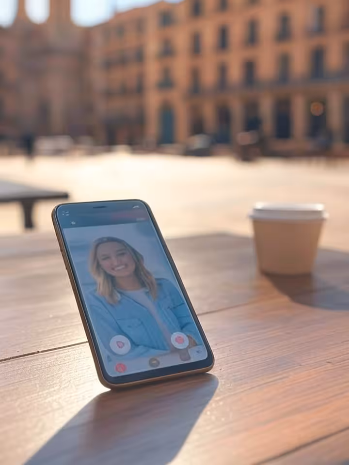 Pantalla de móvil mostrando aplicaciones de citas en una terraza española