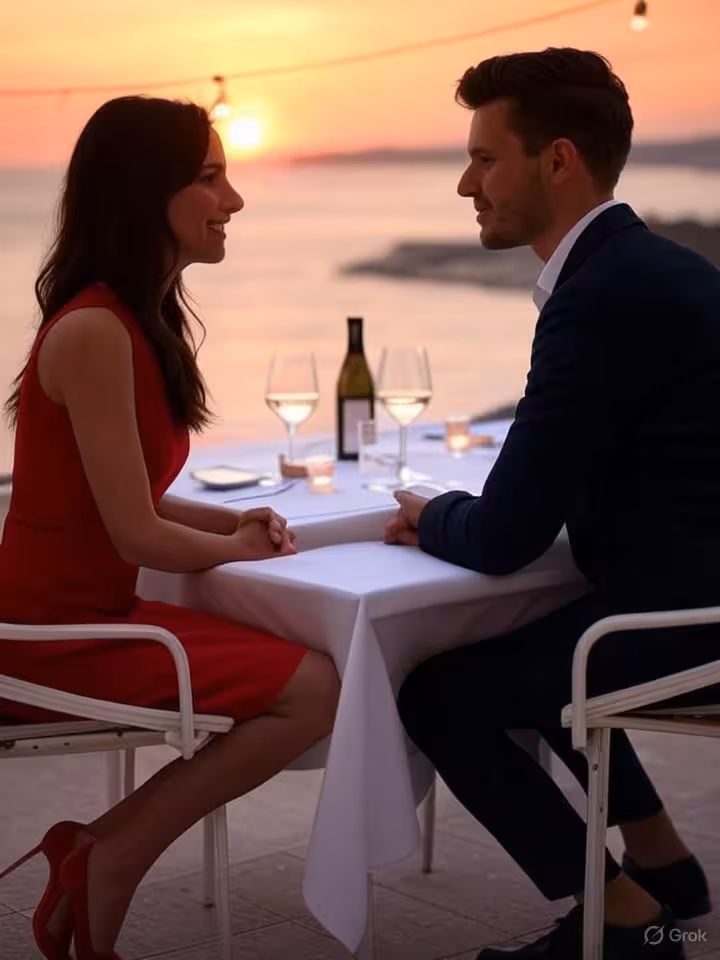 Pareja cenando en una terraza exclusiva de Marbella con vistas al Mediterráneo