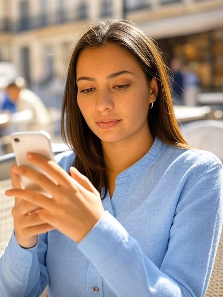 Mujer española joven revisando apps de citas en una terraza de Madrid