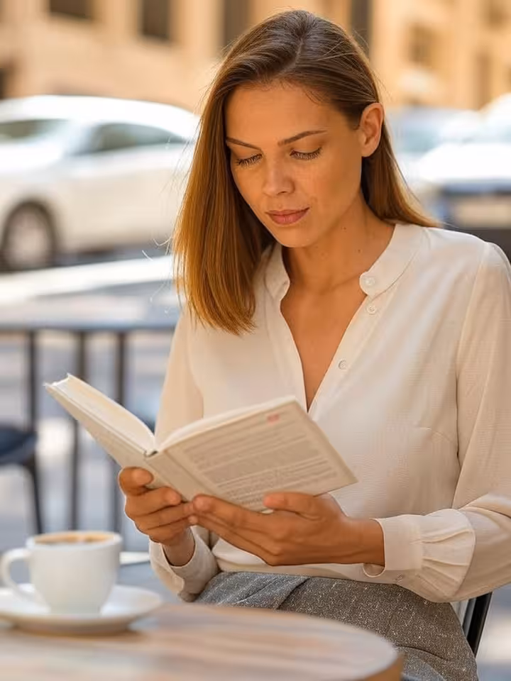 Chica española leyendo en una terraza de café en Barcelona