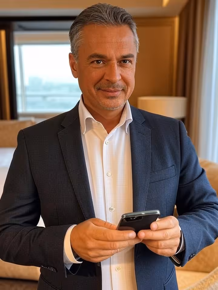 Hombre maduro planificando encuentro desde hotel de lujo