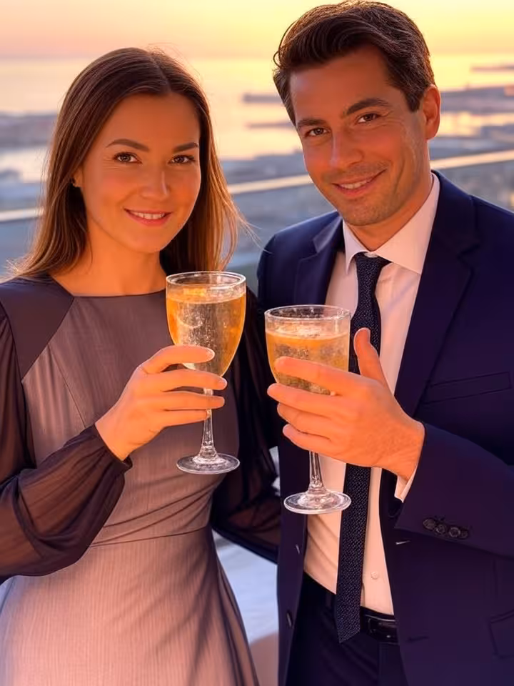Pareja disfrutando de cócteles en el Puerto Olímpico de Barcelona
