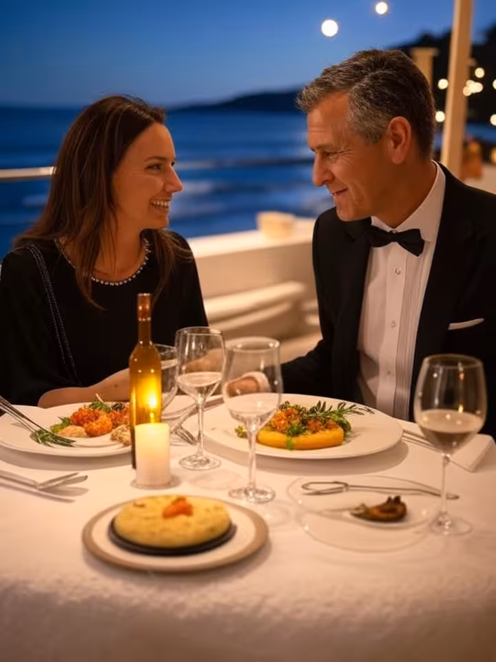 Cena romántica de sugar dating en restaurante de lujo con vistas al Mediterráneo en Ibiza