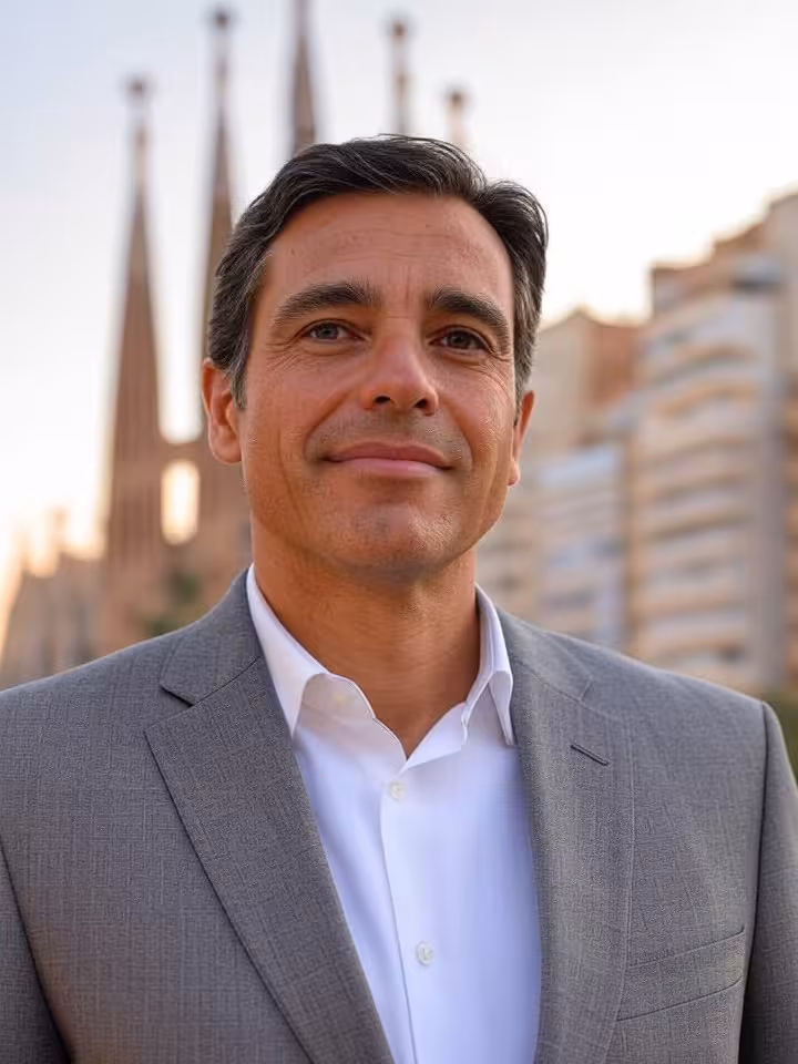 Empresario español cerca de la Sagrada Familia al atardecer