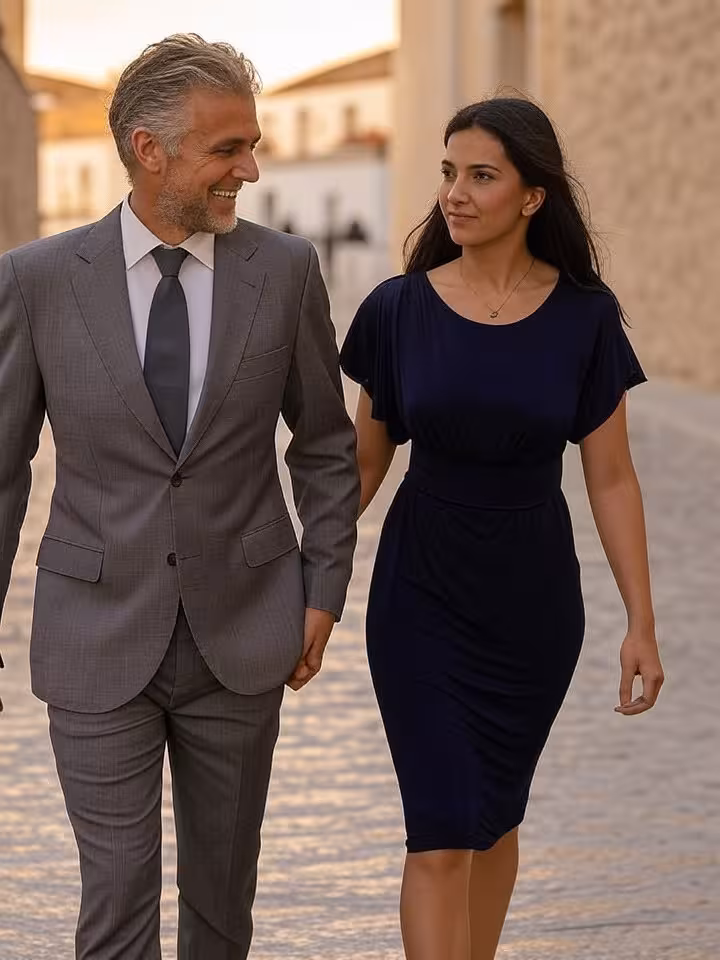 Pareja sugar paseando por las calles empedradas de Dalt Vila en Ibiza al atardecer
