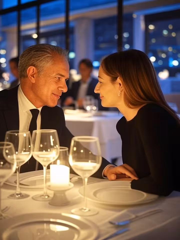 Cena romántica de pareja sugar en restaurante exclusivo español