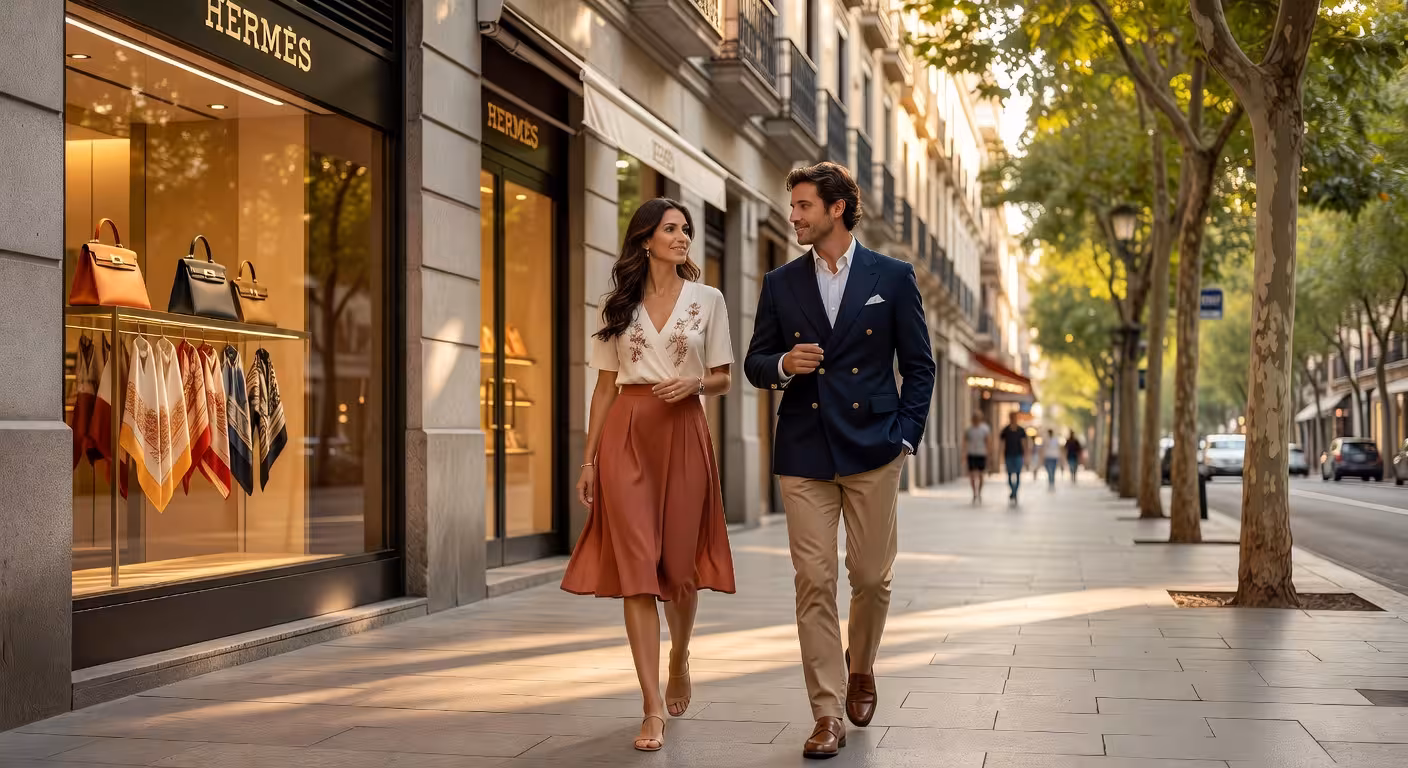 Pareja paseando por la calle Serrano en el barrio de Salamanca de Madrid