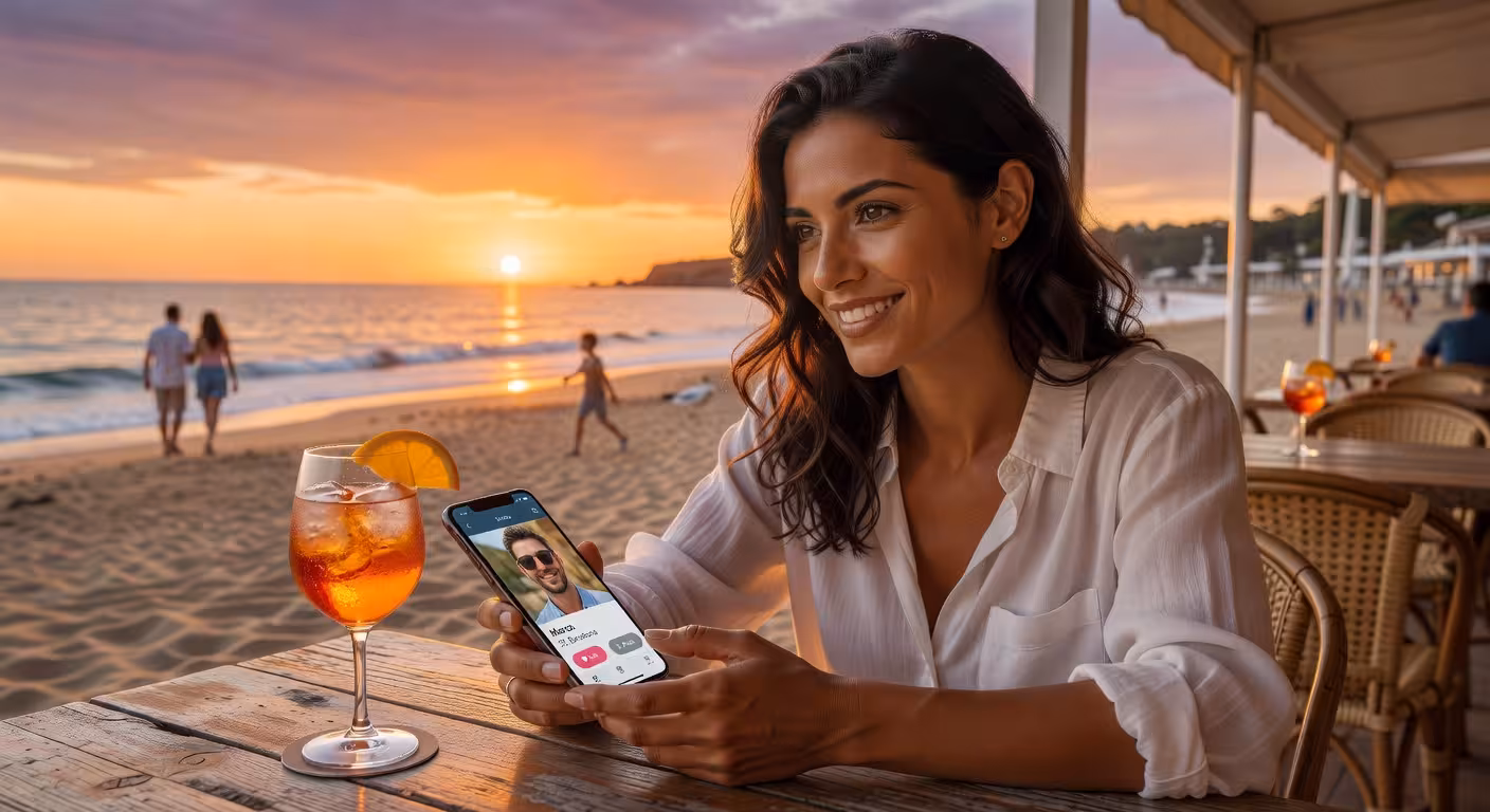 Mujer española usando app de citas en terraza de chiringuito durante el tardeo veraniego