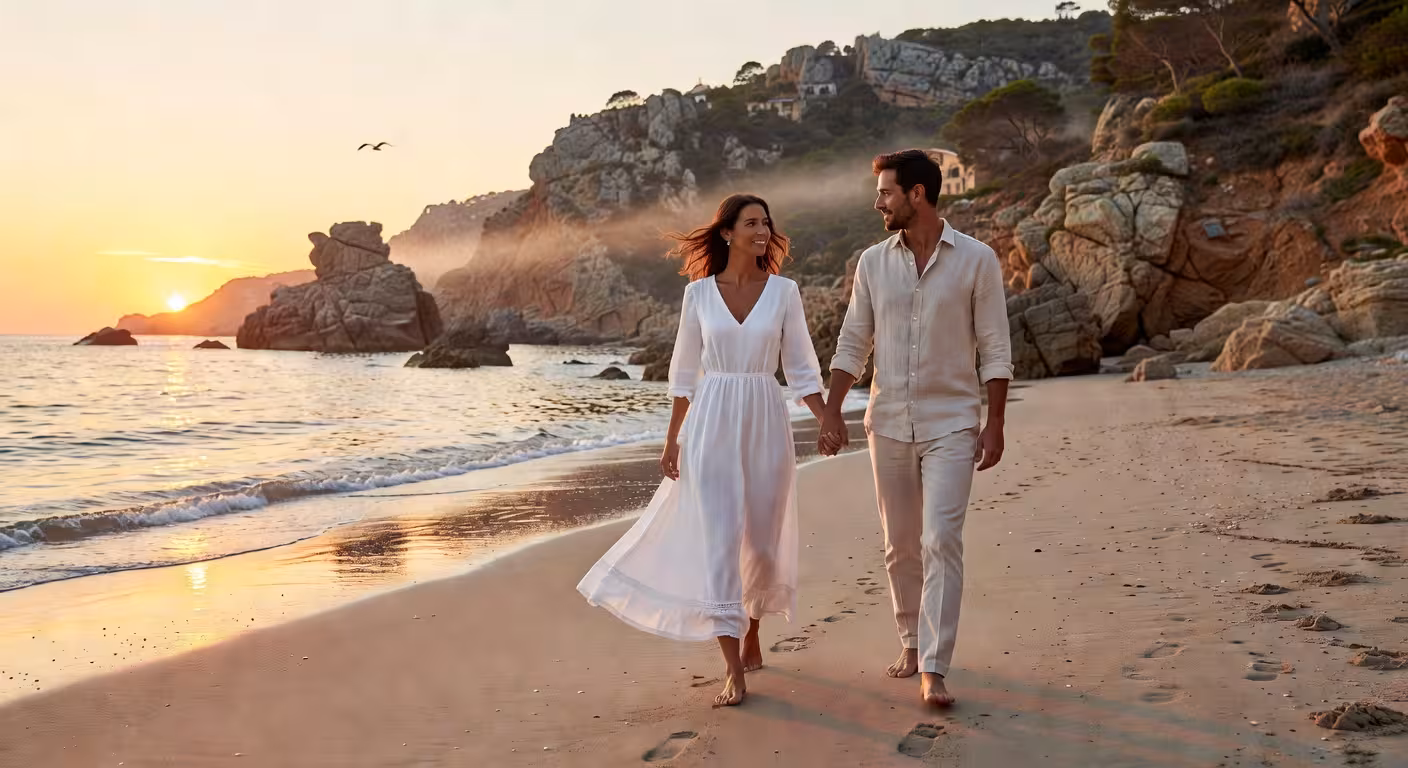 Pareja paseando descalza por playa mediterránea al atardecer en la Costa Brava