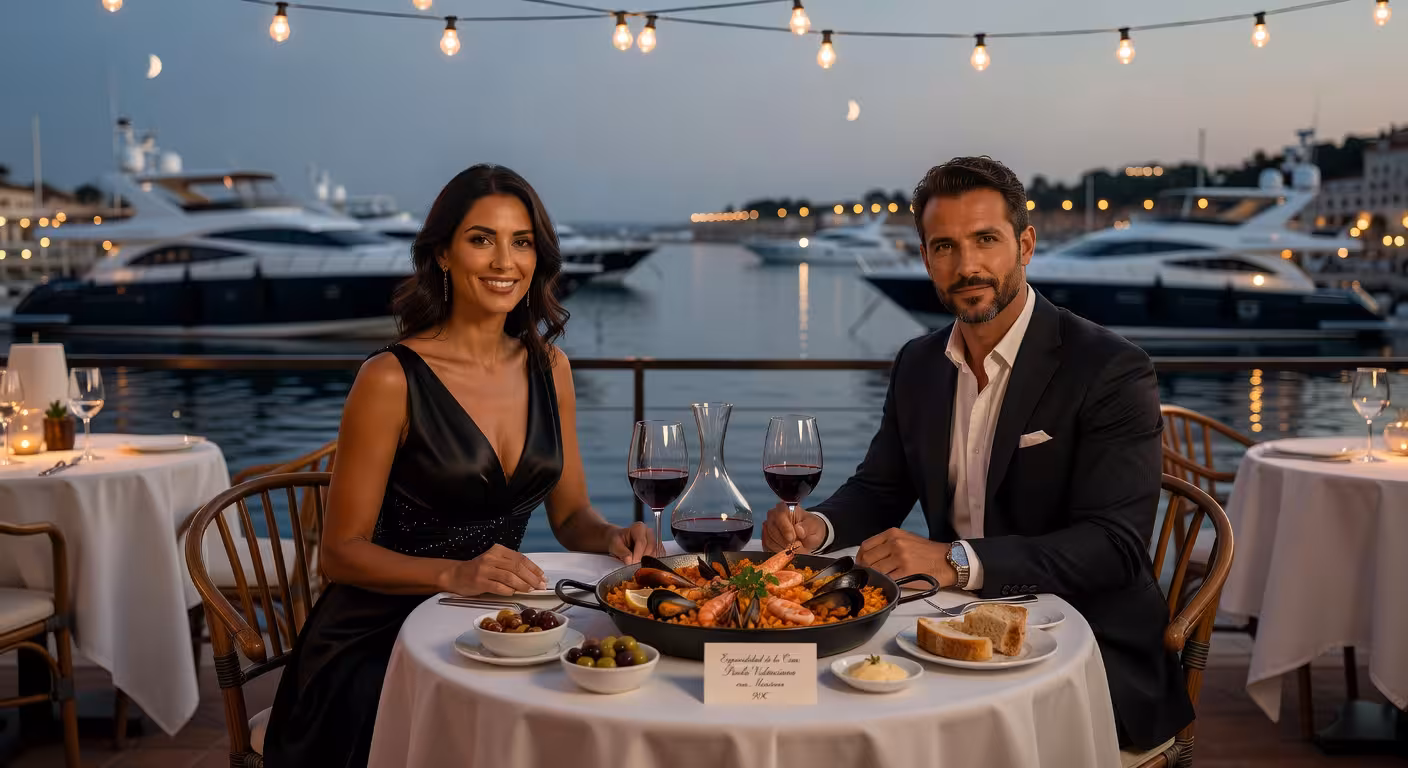 Cena romántica en restaurante exclusivo frente al puerto deportivo de Puerto Banús