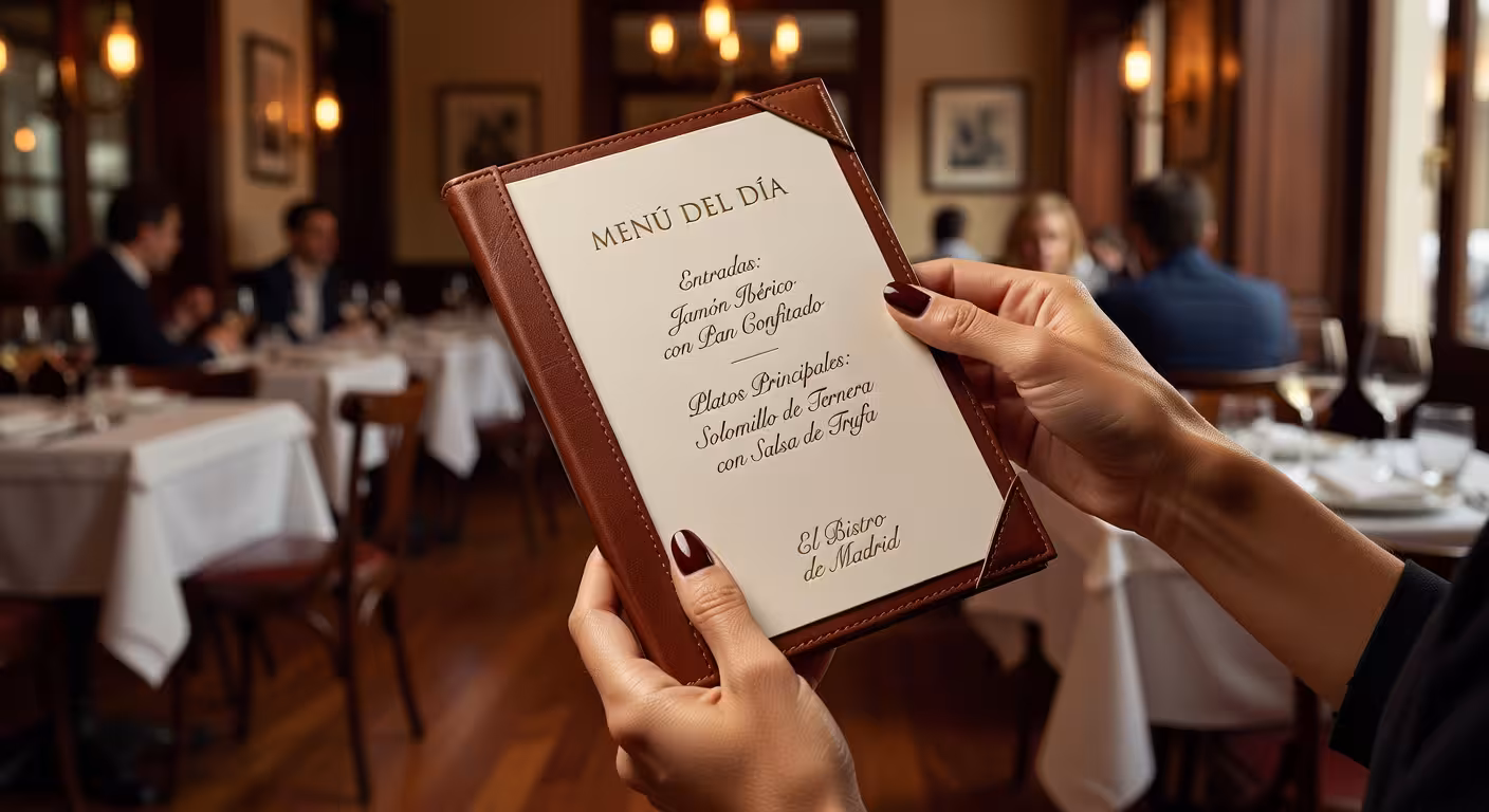 Manos femeninas sosteniendo menú en restaurante de lujo de Madrid