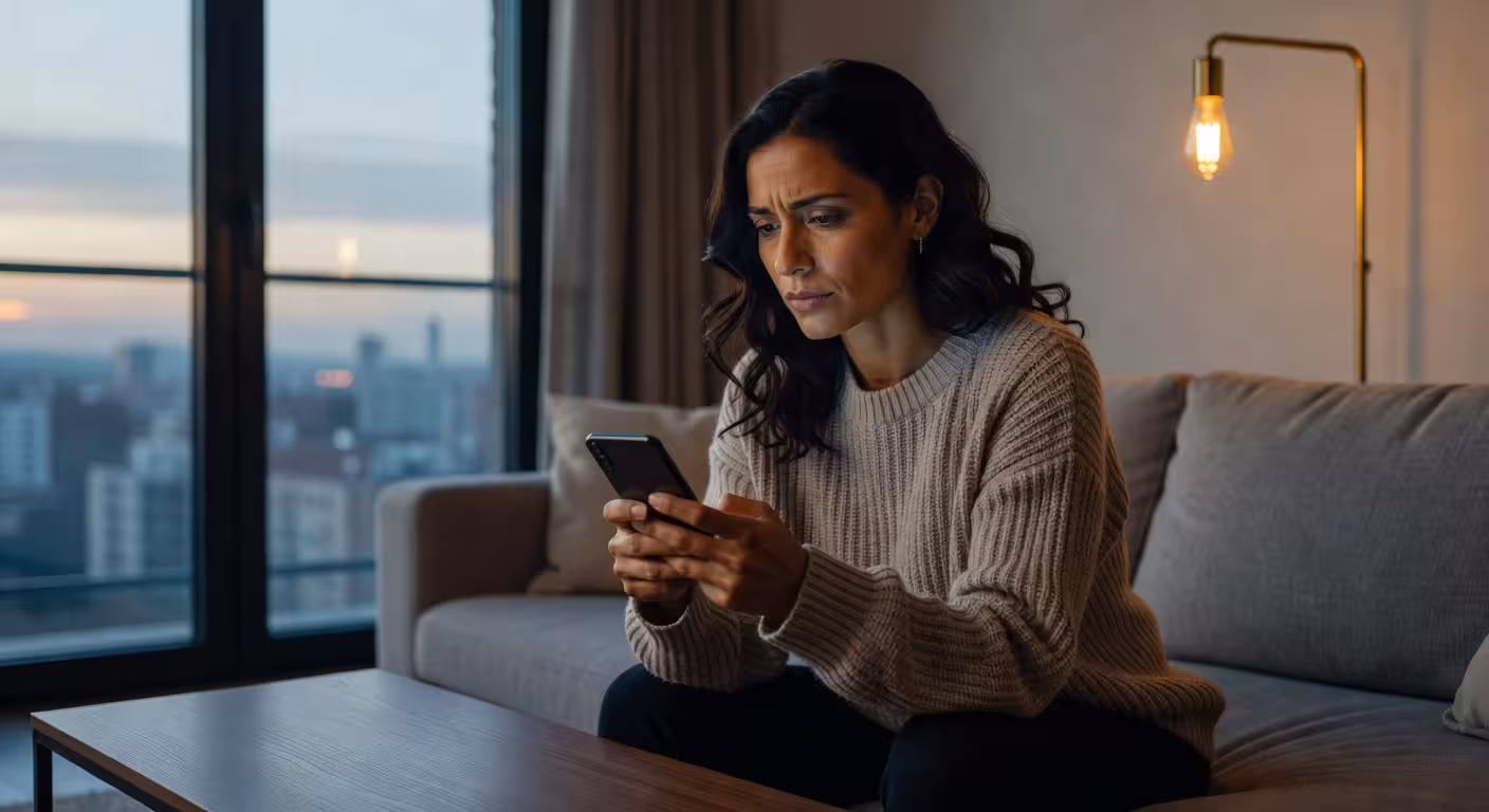 Mujer española pensativa mirando su teléfono en casa