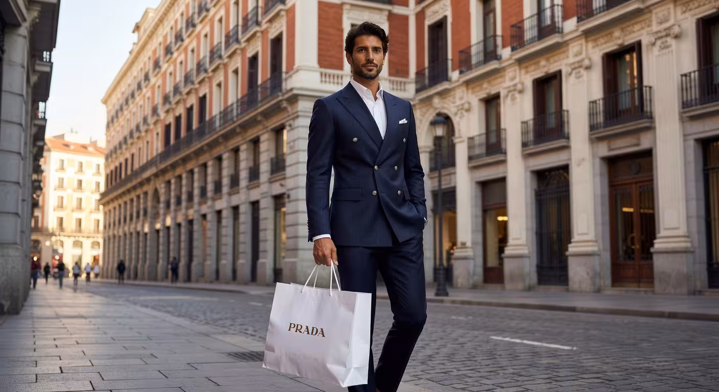 Hombre con bolsa de compras de boutique de lujo en la Milla de Oro madrileña