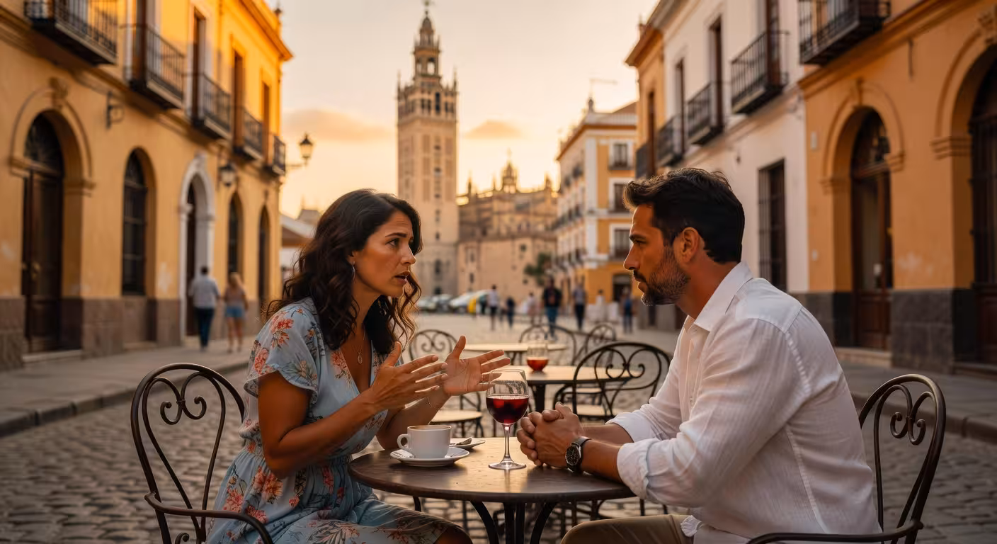 Pareja teniendo una conversación seria en terraza de Sevilla