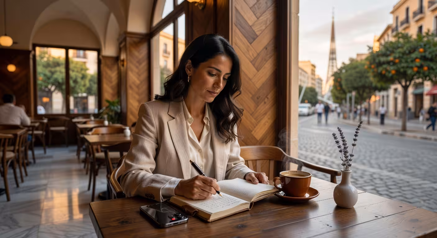 Mujer española reflexionando en cafetería de Valencia