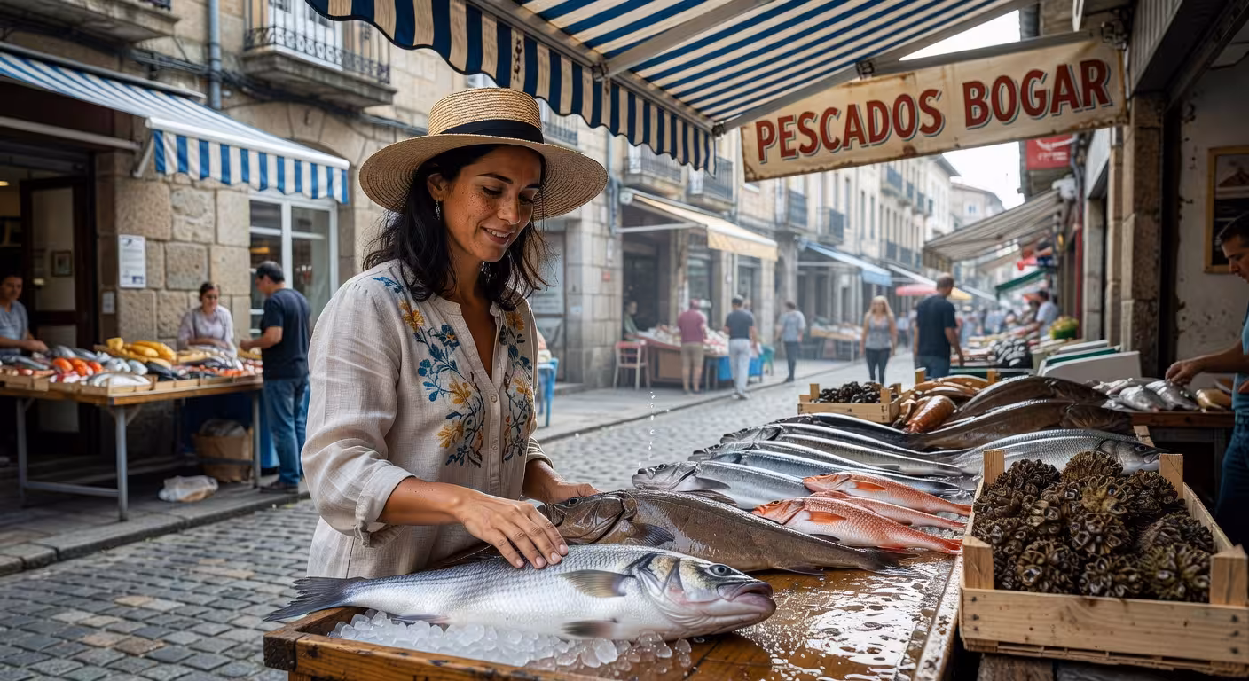 Sugar baby explorando mercado tradicional de pescado en el casco viejo de San Sebastián